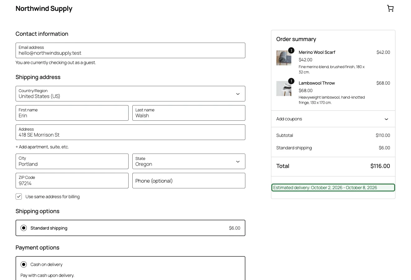 Estimated delivery date rendered inside the WooCommerce Checkout block's order summary