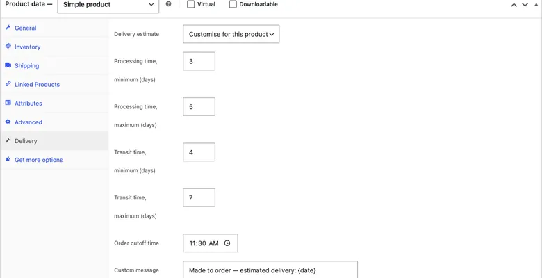 The Delivery tab inside the WooCommerce product editor, used to override processing time, transit time, cutoff, and message for a single product