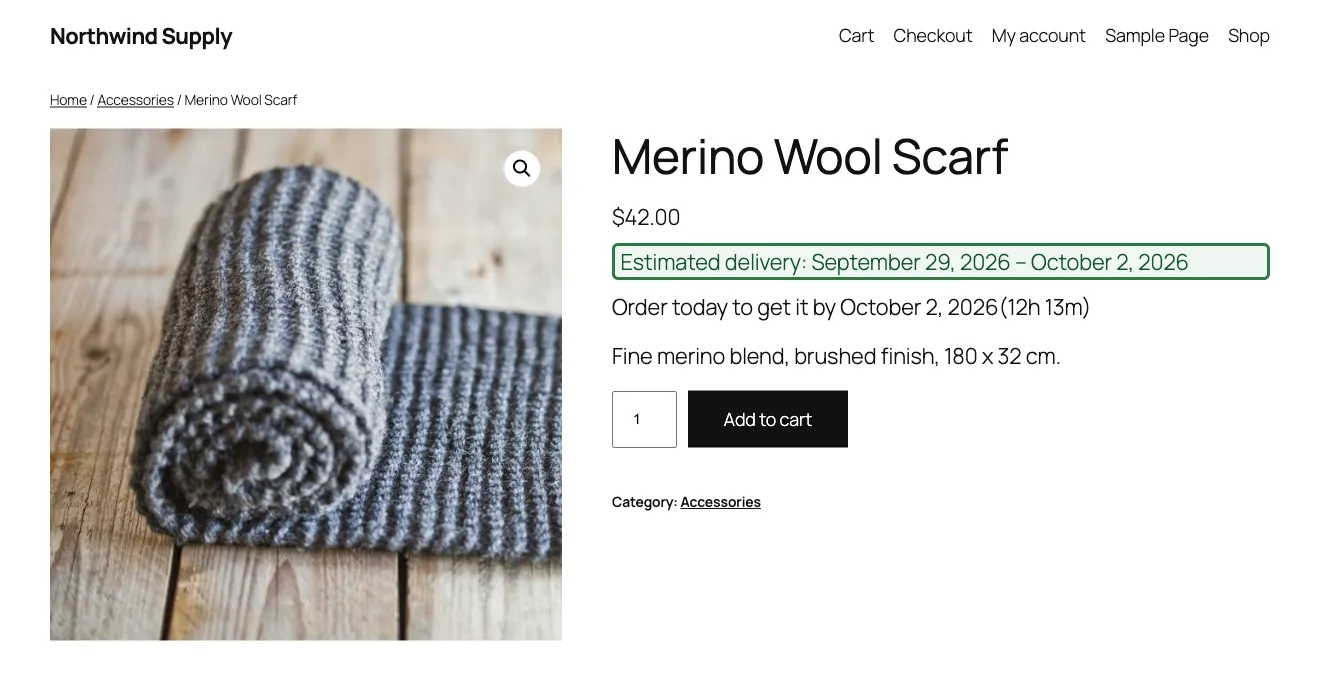 WooCommerce product page for a Merino Wool Scarf showing an estimated delivery of September 29, 2026 to October 2, 2026, with an order-cutoff line reading 'Order today to get it by October 2, 2026'