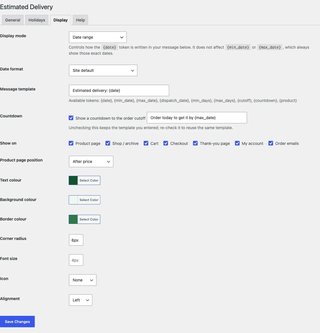 Display settings tab for choosing the display mode, date format, message template, and countdown toggle for the estimated delivery date