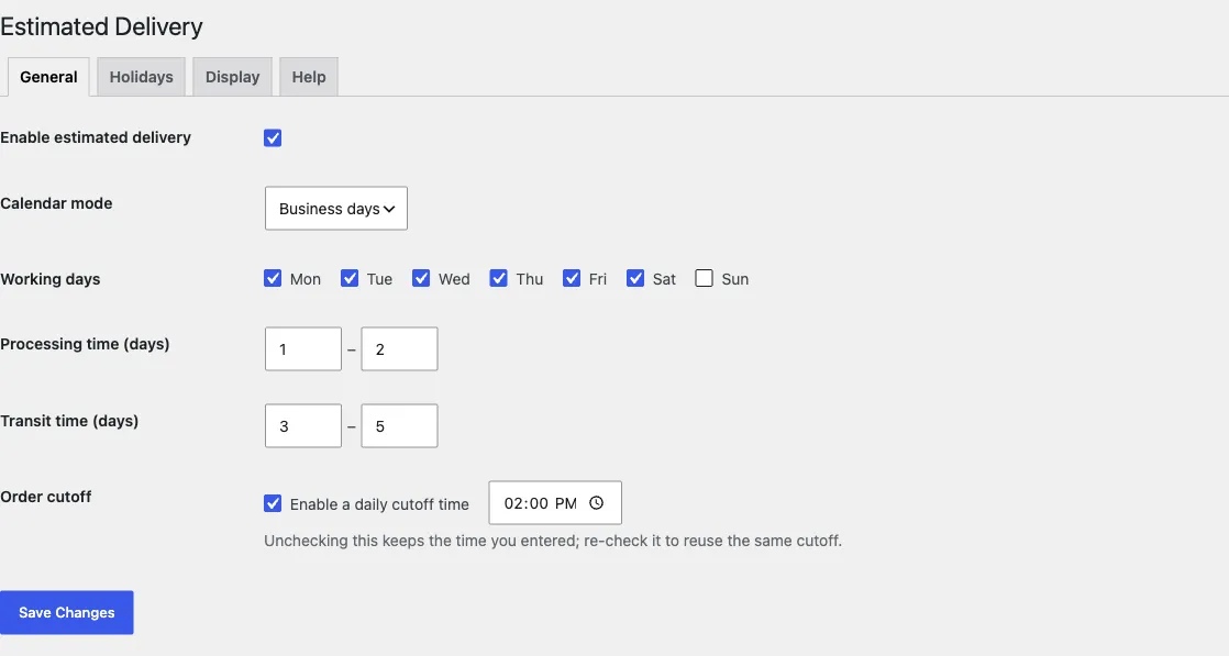 DevMerx Delivery Date Estimator General settings tab showing calendar mode, working-day checkboxes, processing time of 1–2 days, transit time of 3–5 days, and a 2:00 PM order cutoff