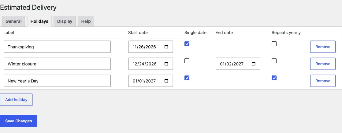 Holidays tab listing three holiday rows: Christmas Day (single date, repeats yearly), Summer shutdown (a July 1–14 date range), and New Year (single date, repeats yearly)