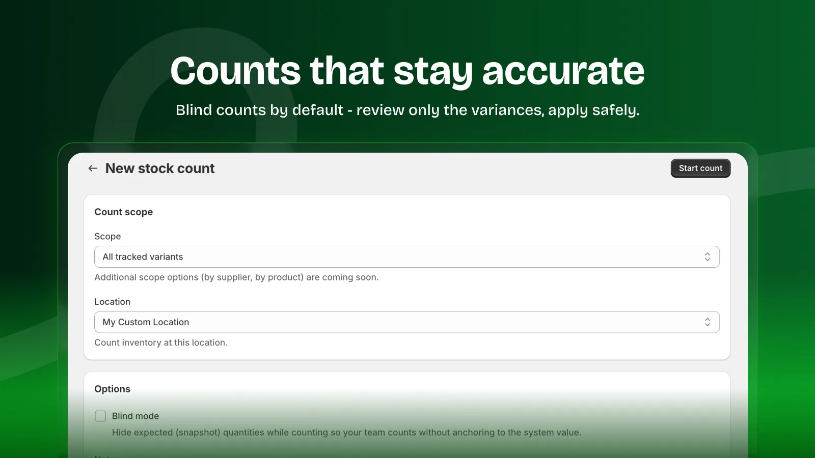 StockCue stock count setup with blind mode enabled, count scope set to all tracked variants, and location selection